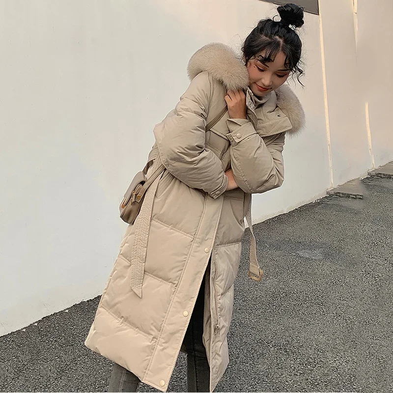 Long Fox Fur Hooded Down Coat for Women White Duck Down Jacket Thick Warm Belted Parkas Female Outerwear 2023 Winter teddy bear coat winter clothes for women black belted wool coat hooded long parkas female warm oversized jacket fur coats 2022