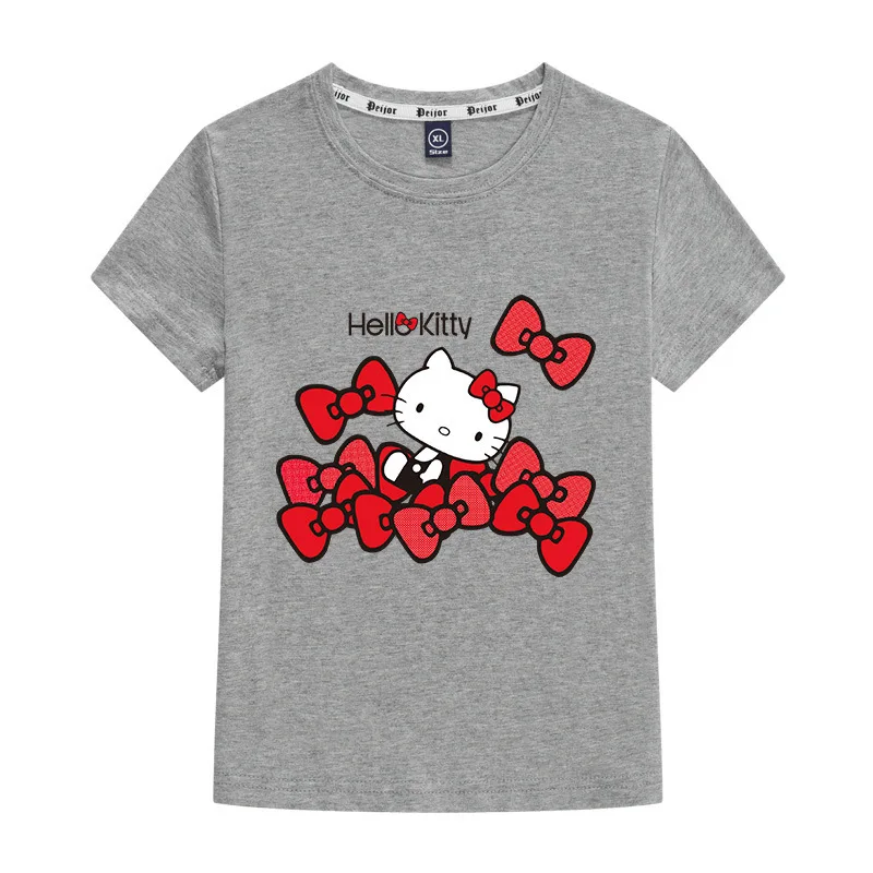 Ropa infantil de Hello Kitty, camiseta informal de verano a la moda de manga corta con estampado de dibujos animados para niña, camiseta transpirable de algodón puro para niño, nueva