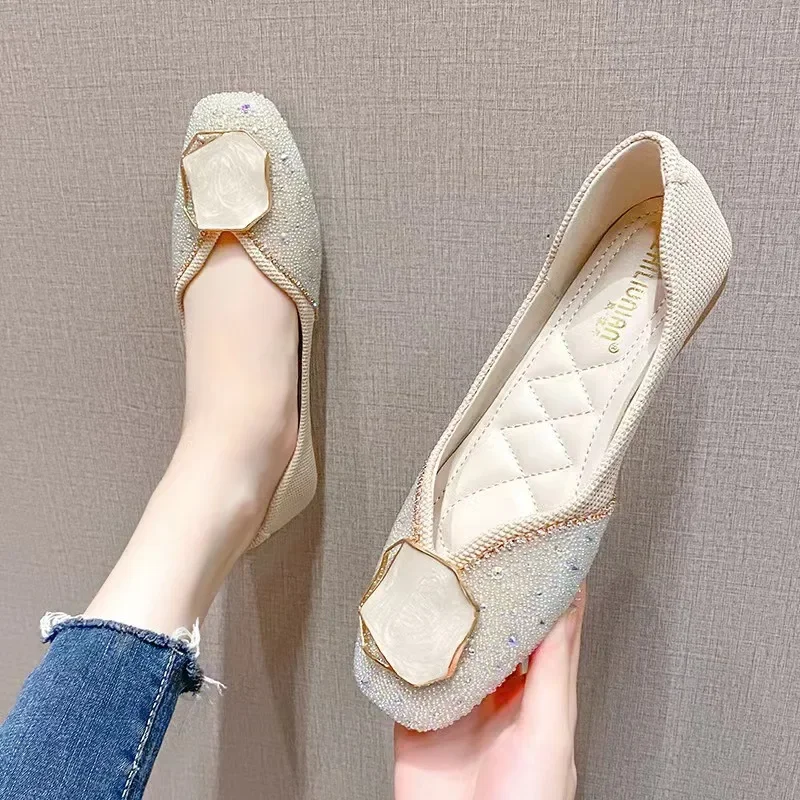 

Elegant Women's Summer Flat Shoes Square Toe Sparkling Gold Fashionable Casual Single Shoes 2024 New Brand Designer Ladies Shoes