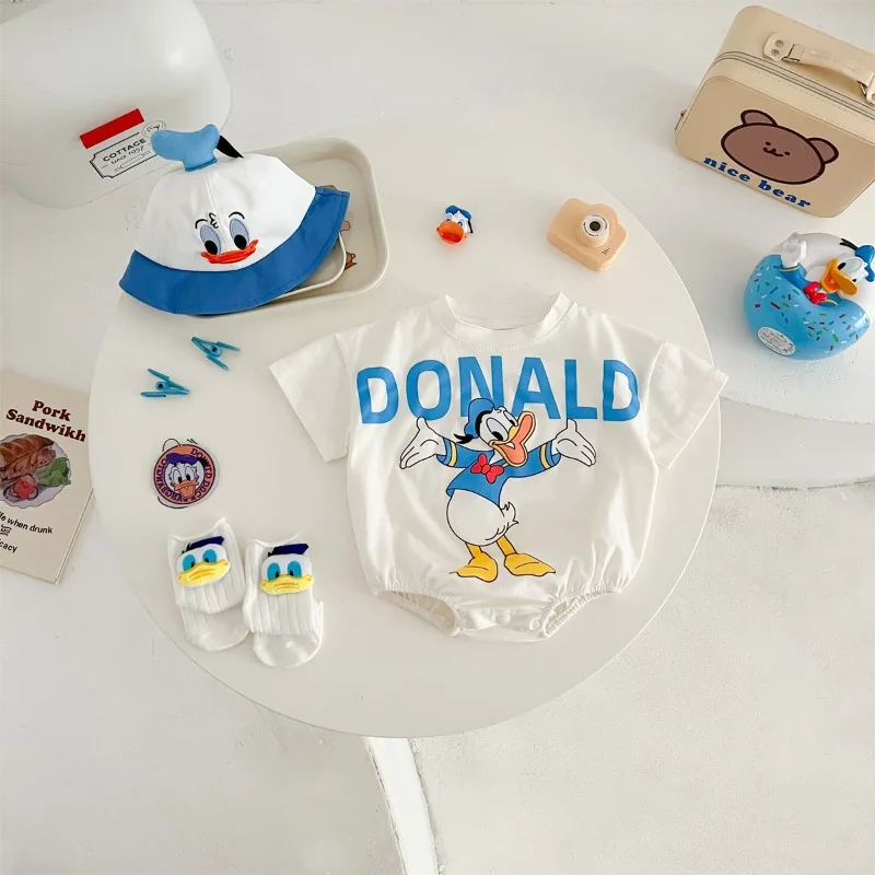 Baby Girl Boy Jumpsuit Romper Sock Hat Newborn Clothes Set Cotton Cartoon Daisy Donald Duck Infant Toddler Bodysuit Outfit K618 2