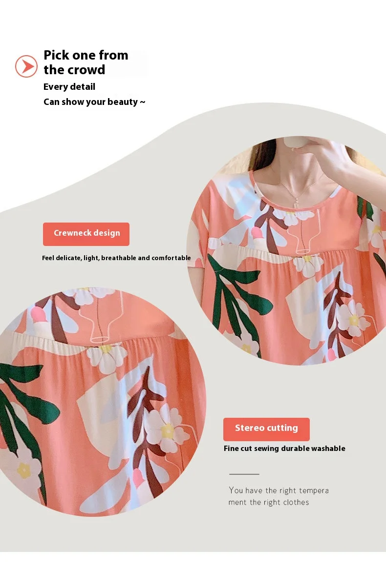 Summer Cotton Silk Nightgown Women's Home Wear Short-Sleeved Cartoon Print Pajamas Burst Large Size Spring and Autumn Home Wear