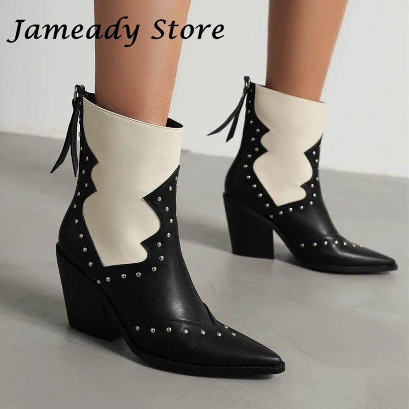

Women Big Size Western Cowboy Boots Chunky Pointed Toe Ankle Boots Rivets Punk Fashion Short Boots Lady High Heel Botas Mujer