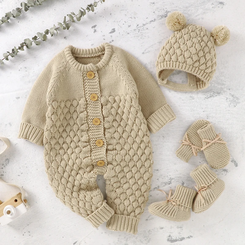 Newborn Baby Romper Shoes Gloves Set Knit Girl Boy Jumpsuit Boot Mitten Solid Toddler Infant Long Sleeve Clothing 4PC Fall 0-18M Baby Bodysuits made from viscose  Baby Rompers
