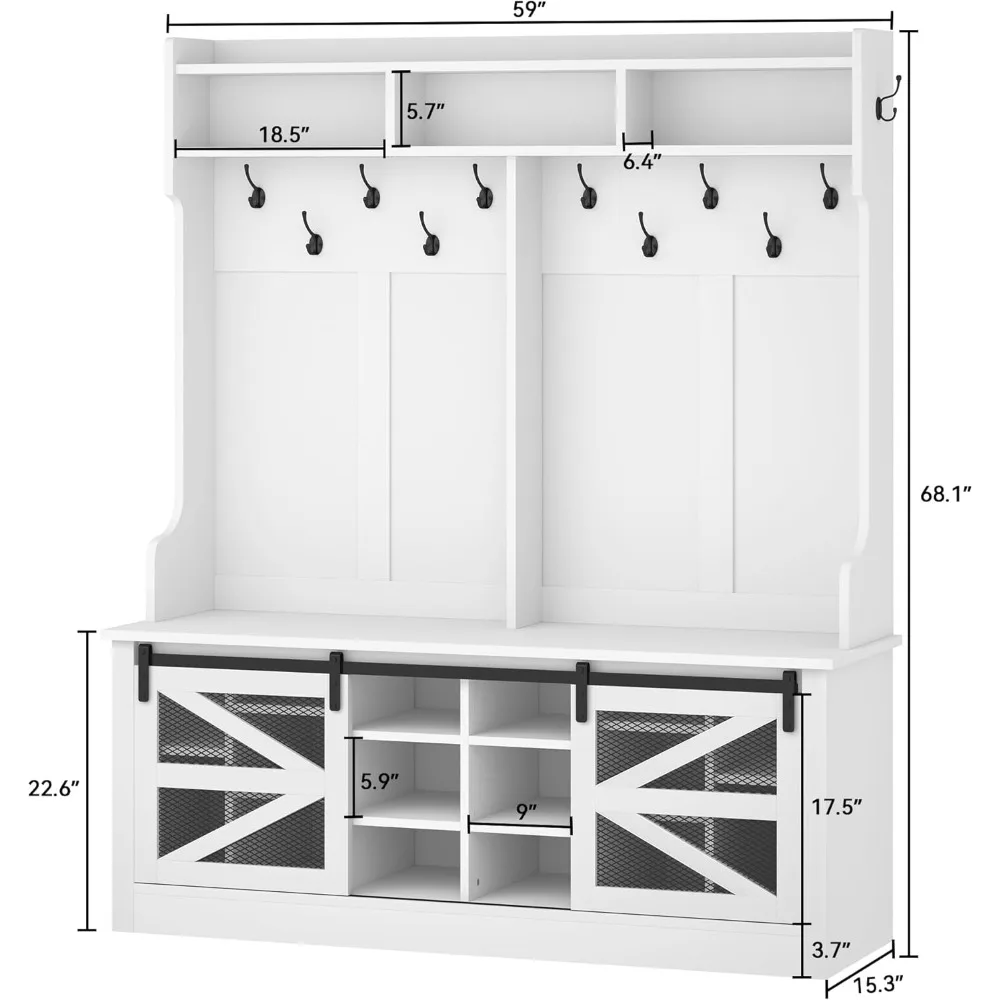 59" wide hall tree with shoe storage, farmhouse entryway bench with coat rack, 16 shoe cubbies with adjustable shelves & 12 coa