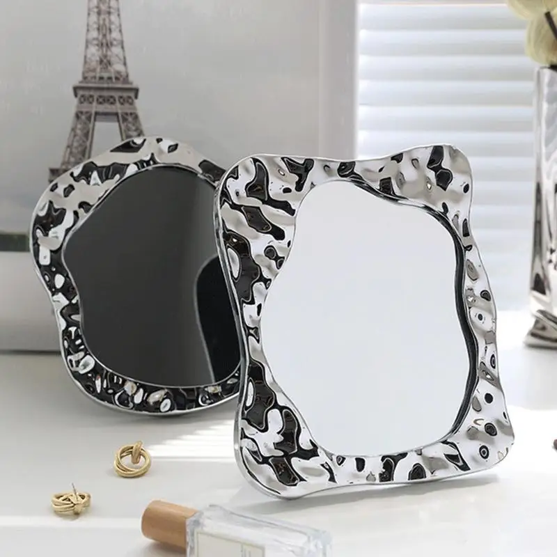Desktop Mirror Aesthetic Desk Mirror With Stand Irregular Wave Design Stylish Cosmetic Tool For Kids Adults Student Dormitory