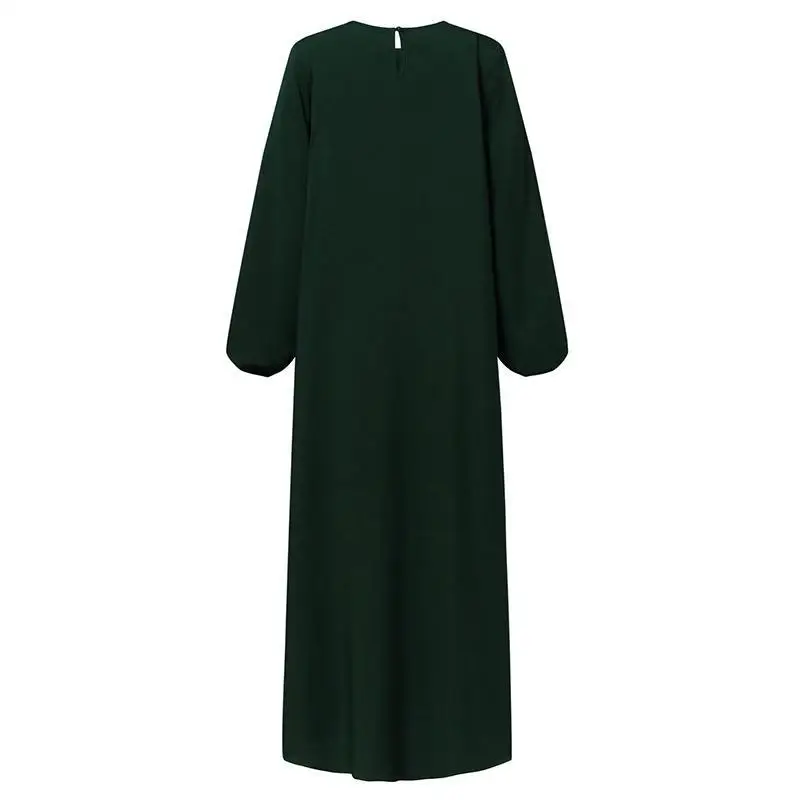 Ramadan Muslim Abayat Temperament Elegant Pleated Skirt Solid Color Abayas for Women Simple Round Neck Long Sleeve Women's Dres