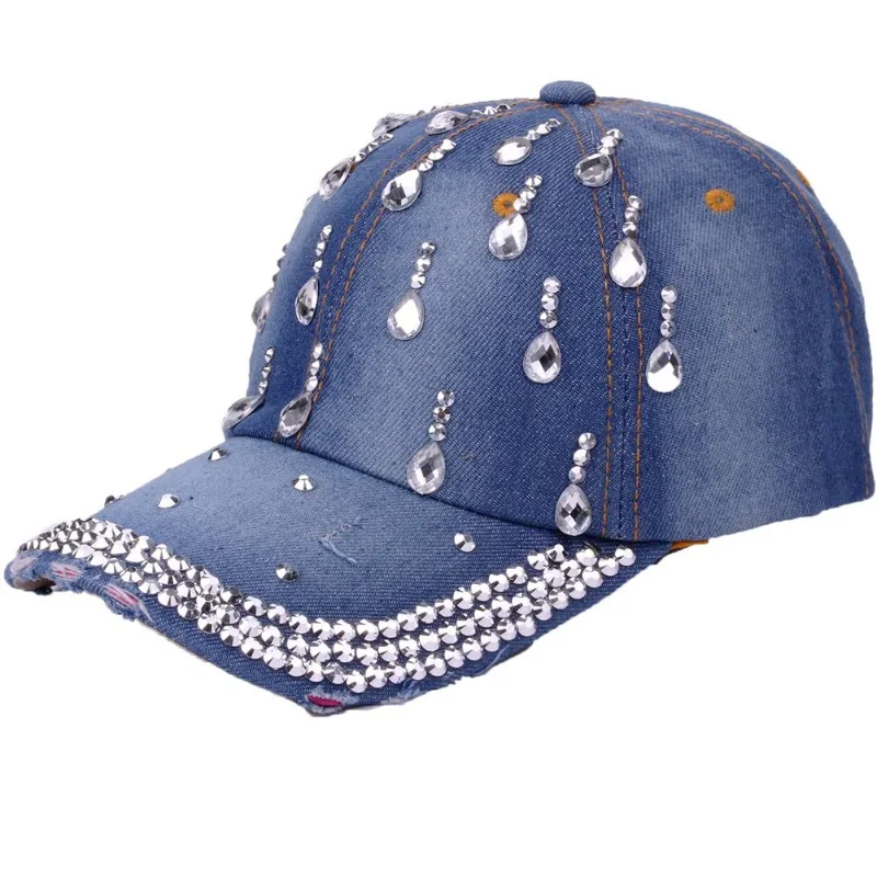 

New Denim Hip Hop Caps Fashion Leisure Woman Cap with Water Drop Rhinestones Vintage Jean Cotton Baseball Caps for Men Women