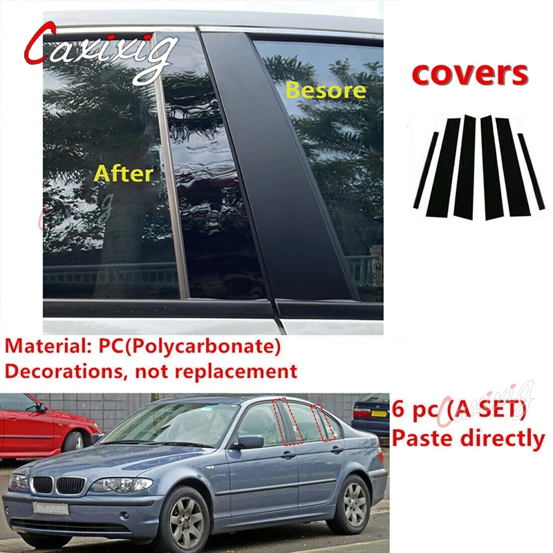 BMW 3 시리즈 E46 4 도어 세단 살롱 용 6Pcs 1998-2004 2005 도어 창 기둥 포스트 트림 몰딩 커버 스티커 액세서리