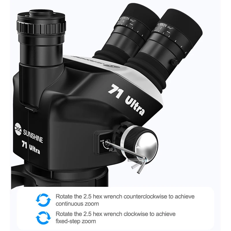 SUNSHINE 71 울트라 삼안 현미경 0.65X-5.5X 줌 PL10X/24 조절 가능한 접안렌즈 PCB 수리 정밀 검사 도구