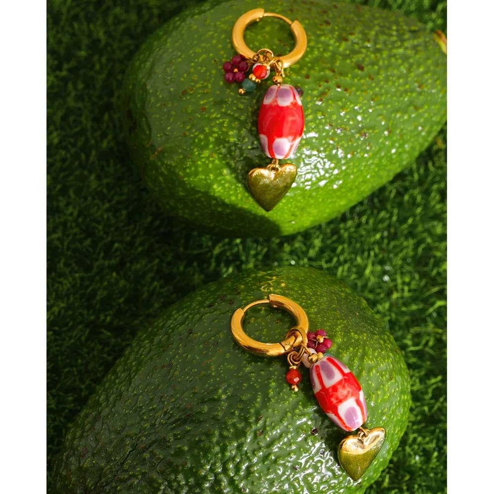 Yhpup Earrings Stainless Steel Red Ceramic Heart Drop Hoop