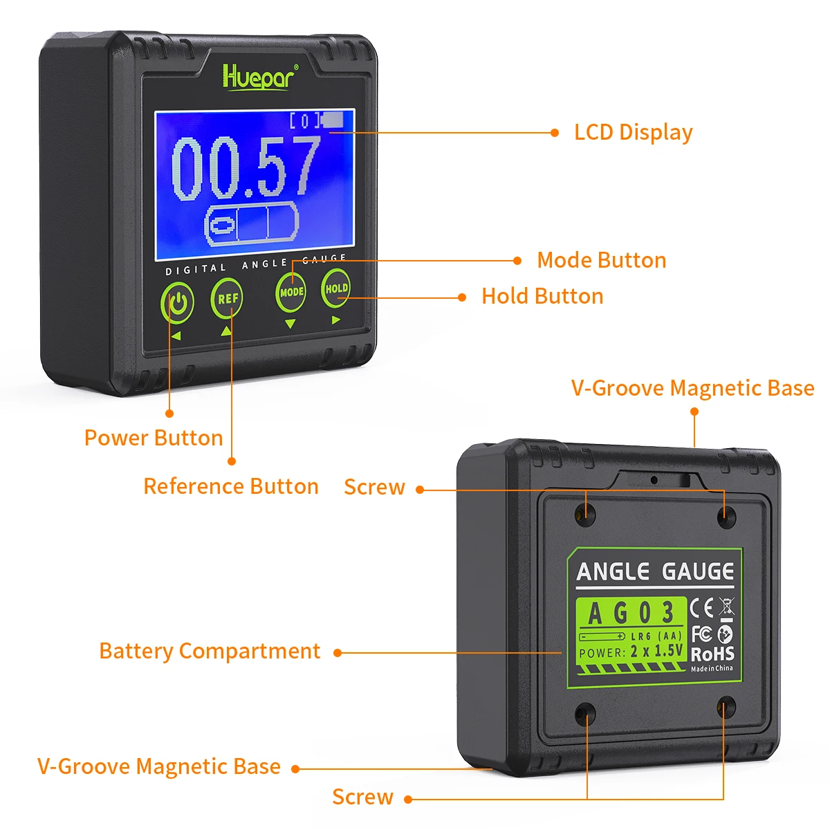 Huepar Digital Angle Gauge Electronic LCD Inclinometer Bevel 360&deg; Measuring Protractor Magnetic Base Audible Alert AG03
