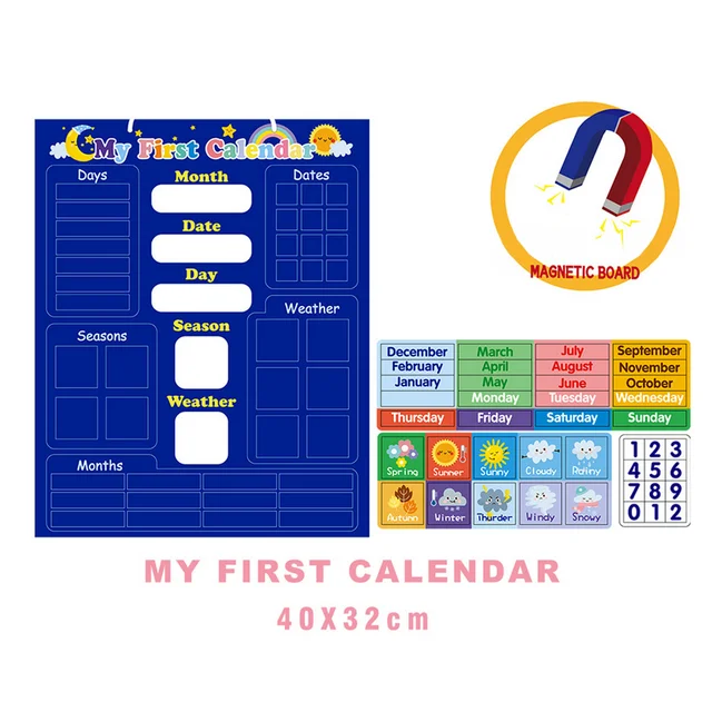 Kids Magnetic Calendar Time Month Date Day Season Weather Learning Chart Board Early Educational Toy for Boys Girls Home School 3