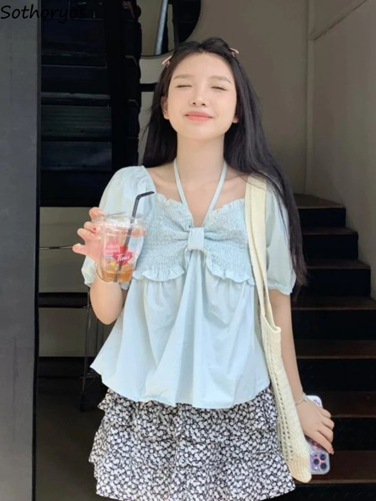 

Блузка женская с лямкой на шее, милая простая эстетичная одежда с пышными рукавами, универсальная модная мешковатая повседневная одежда для девушек, Ulzzang, на лето