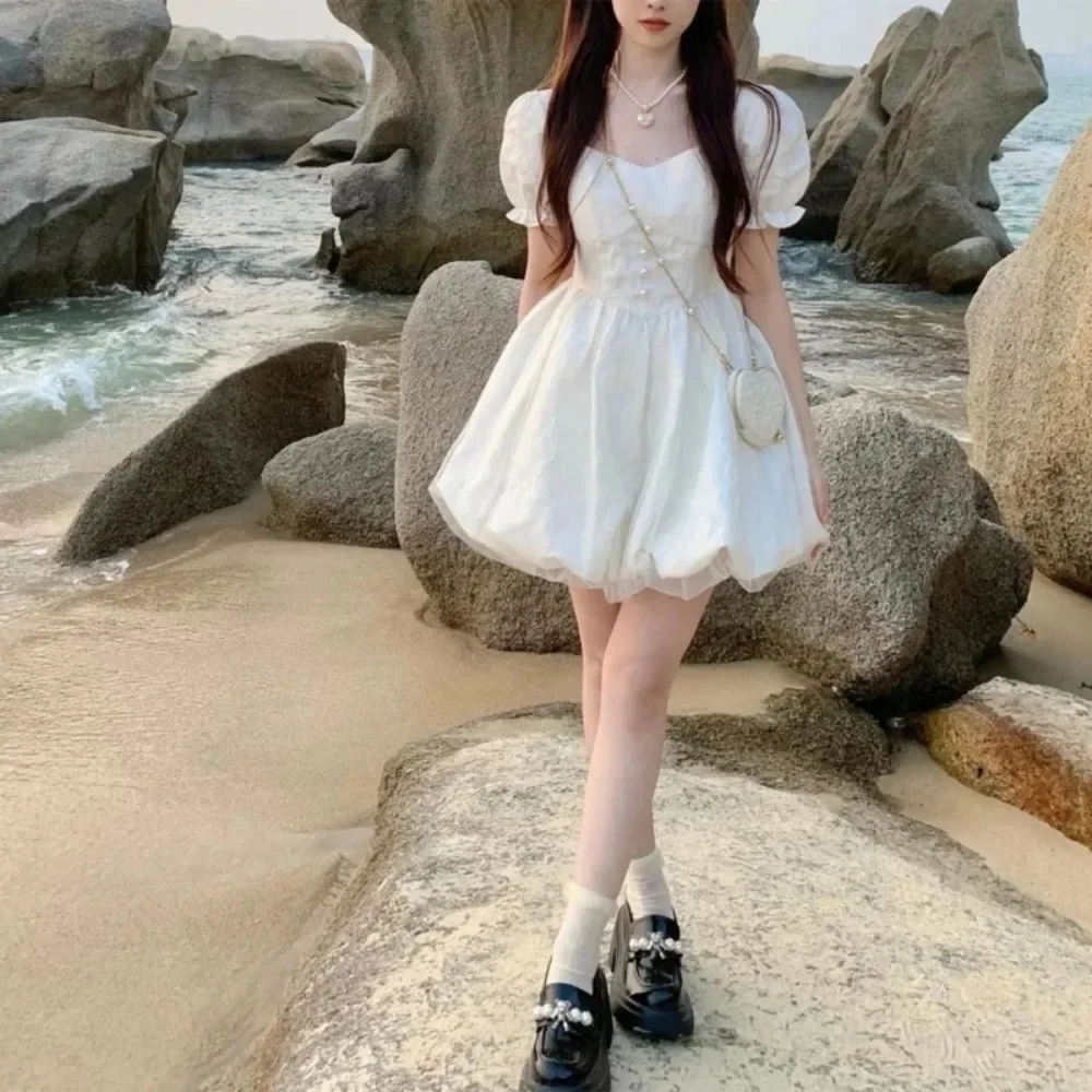 Elegant Women's Short Puff Sleeve Dress A Line Mini Dress Mesh Splicing Solid Sweet Party Dresses Perfect for Any Occasion