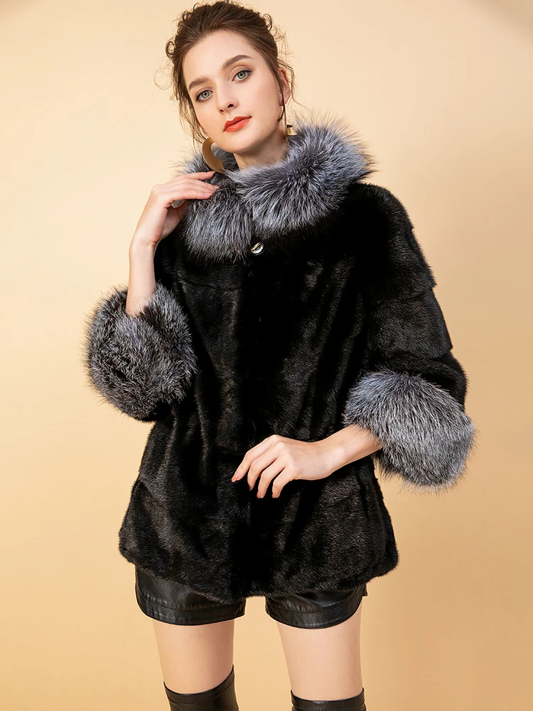Abrigo de piel de visón Real para mujer, Chaqueta corta negra con puños de cuello de zorro plateado, ropa de piel abrigos de de visón de invierno| | - AliExpress