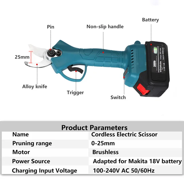 18 V 4 Gear Vezeték Nélküli Metsző Nyíró Hatékony Gyümölcsfa Bonsai Metszés Elektromos Fa Ágak Vágó Kompatibilis Makita Akkumulátor - Image 2