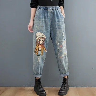 Aricaca Fashion New Designer Women Printed Loose Jeans Ladies Denim Pants Oversized Vintage Embroidery Trousers