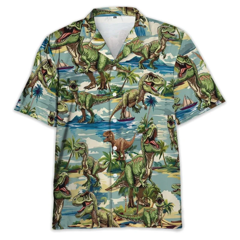 thumbnail image 1 of Camisa hawaiana con estampado de dinosaurio y gato para hombre, divertidas camisas hawaianas con estampado 3D de animales, blusas de moda con solapa, blusas para niños, mangas cortas, 1 of 5