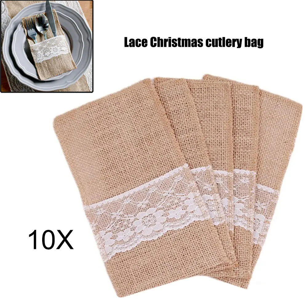 10 Pz/Set Cutter Forks Bags Juta Spoon Stoviglie Gunny Bag Vintage Pouch For Party Wedding Table Setting Decoration