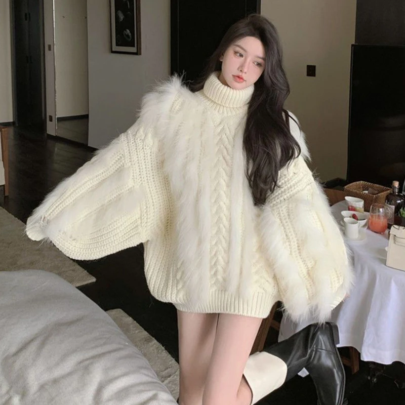 

Gentle Style Sweaters Ladies 2023 Winter Turtleneck White Plush Pullovers Women Fashion Temperament Loose Twist Knitted Sweater
