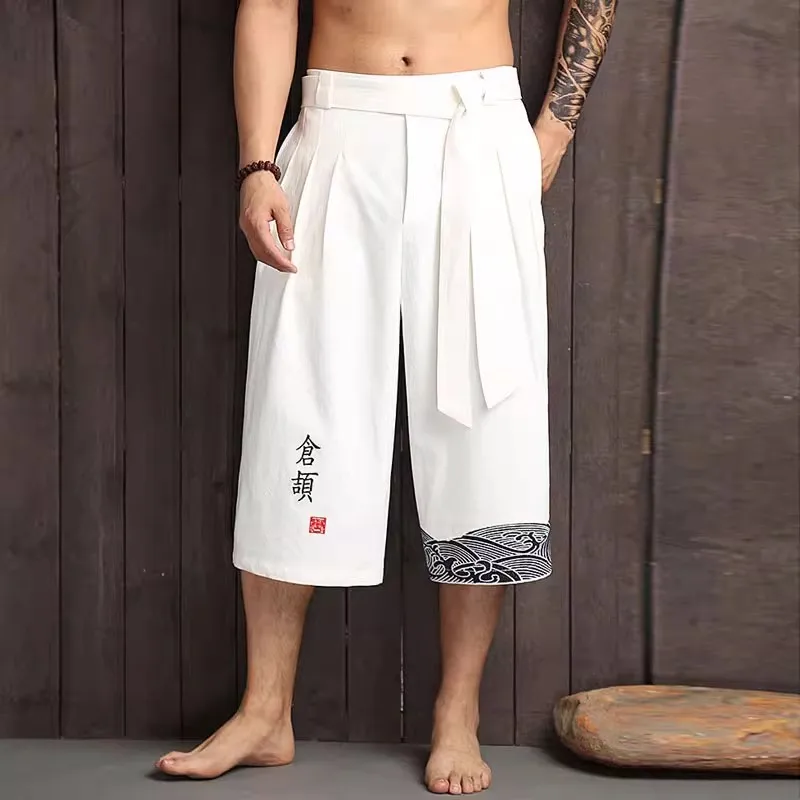 LOSSLO Japanische Kimono Hose Herren | Leinen Caprihose Lässig | Weite Baggy-Hose Mit Gummibund