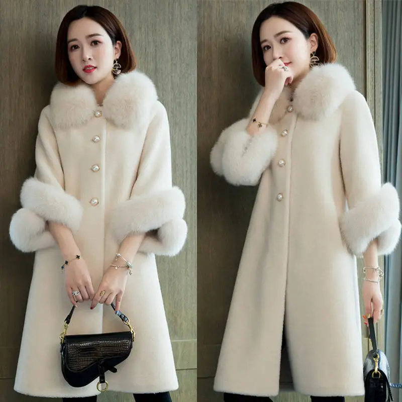 

Women's Medium and Long Fur Coat, Imitation Fox Fur Collar, Imitation Sheep Sheared Wool Grain, Loose, Autumn and Winter