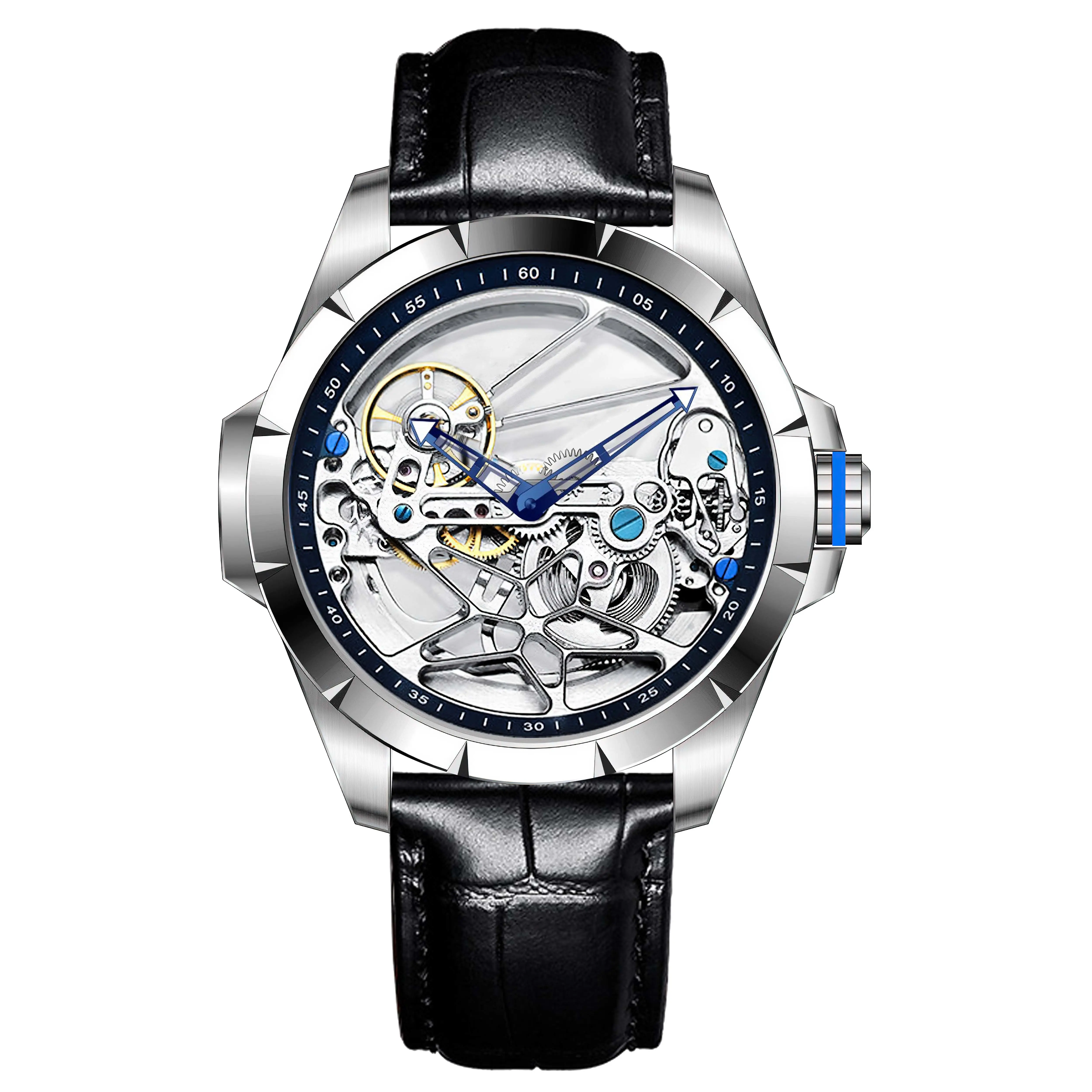 

Automatic men's Watch Stainless steel Case Casual Hollowed Design Black Leather Strap Mens Watches Mechanical Skeleton Watch
