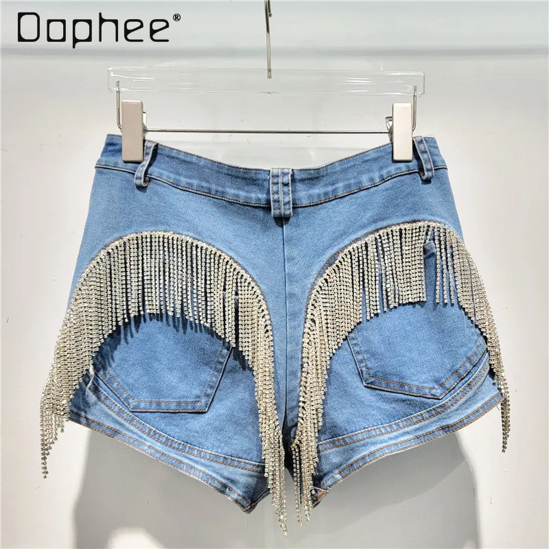 

Bright Crystal Tassel Stitching Denim Shorts 2024 Summer New Casual Women's High Waist Stretch Tight Short Jeans Blue Hot Pants