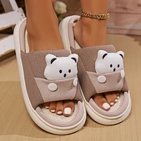 Cute Cartoon Bear Home Slippers Women 2024 Winter Comfort Soft Sole Linen Slippers Woman Non Slip Flat Heels House Shoes Slides 2