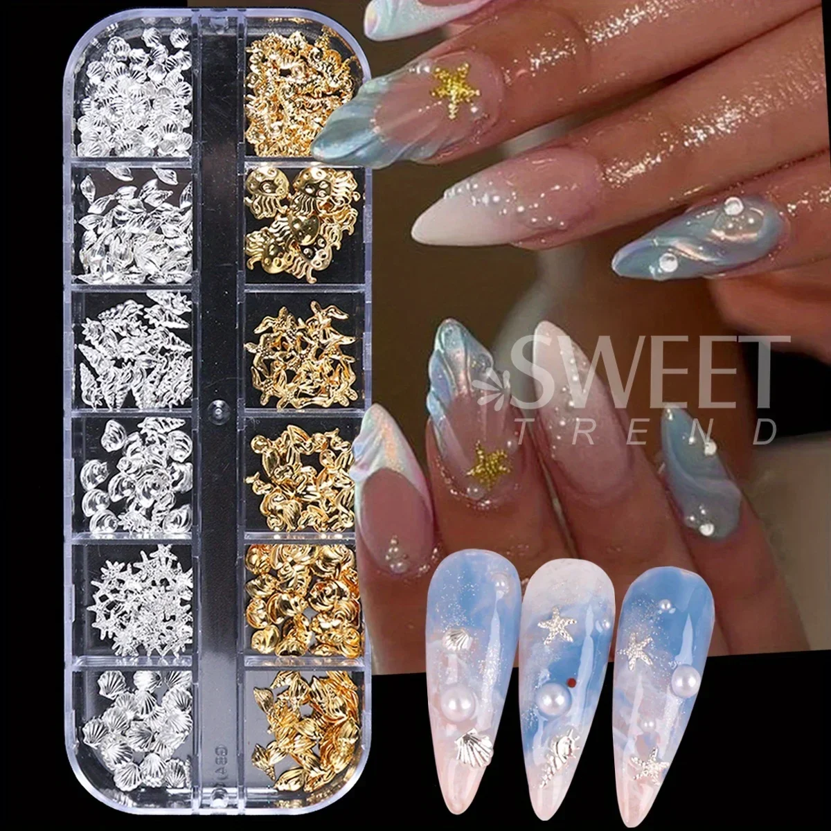 12 Grid Metal Rivet Summer Ocean Nail Jewelry Gold Silver Starfish Shell Conch shape DIY Nail Charm Parts Decoration Accessories