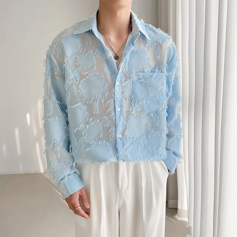 

Spring Lace Lucky Cloud Jacquard Shirts for Men Sexy See Through Long Sleeve Loose Male Dress Shirt Club Stage Button Blouse Men