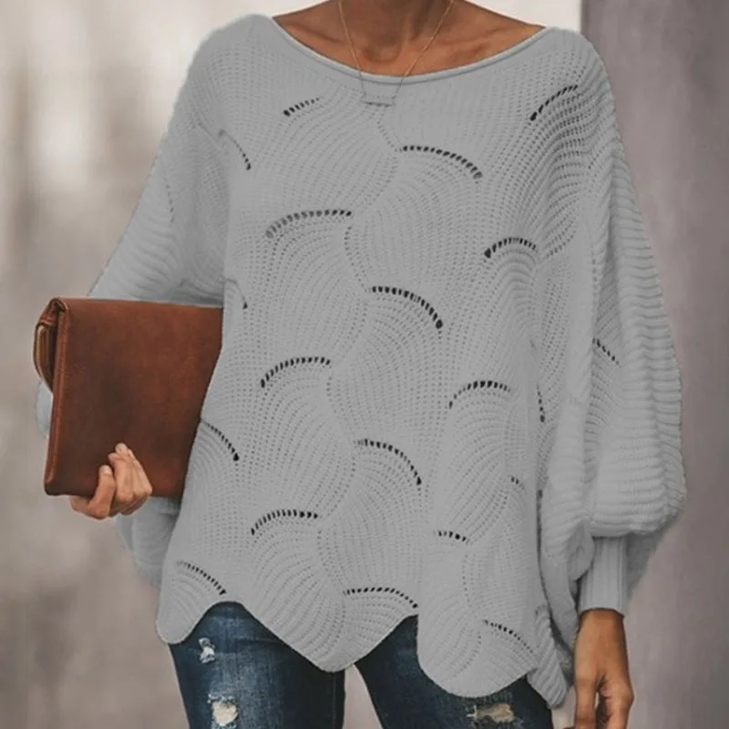 2023 Autumn Fashion Versatile Loose Round Neck Hollow Solid Casual Bat Sleeves Trendy Temperament Mid Length Knitted Women\'s Top