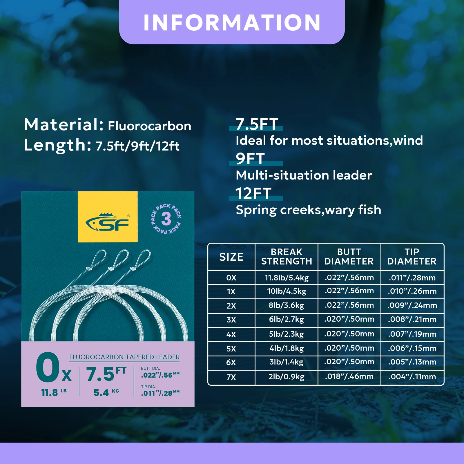 SF 3PCS Fluorocarbon Tapered Leader with Pre-Tied Loop Fly Fishing 7.5FT 9FT 12FT 0-7X Fishing Tackle