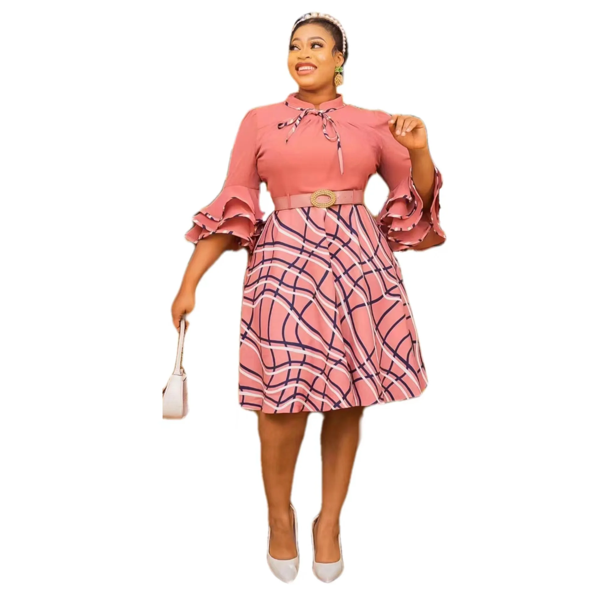 Chiffon Patchwork Elastic Fabric Printed Waistband Large Skirt with Flared Sleeves African Fashion Women's Dress 2 two piece skirt set africa clothing african clothes plus size african dresses for women 2023 organza ruffles sleeves outfits