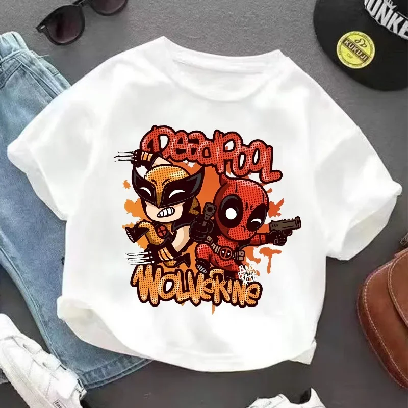 Deadpool & Wolverine White T-shirt Round Neck Loose Summer Clothing Comfortable Breathable Character Children Birthday Hot Gift 3
