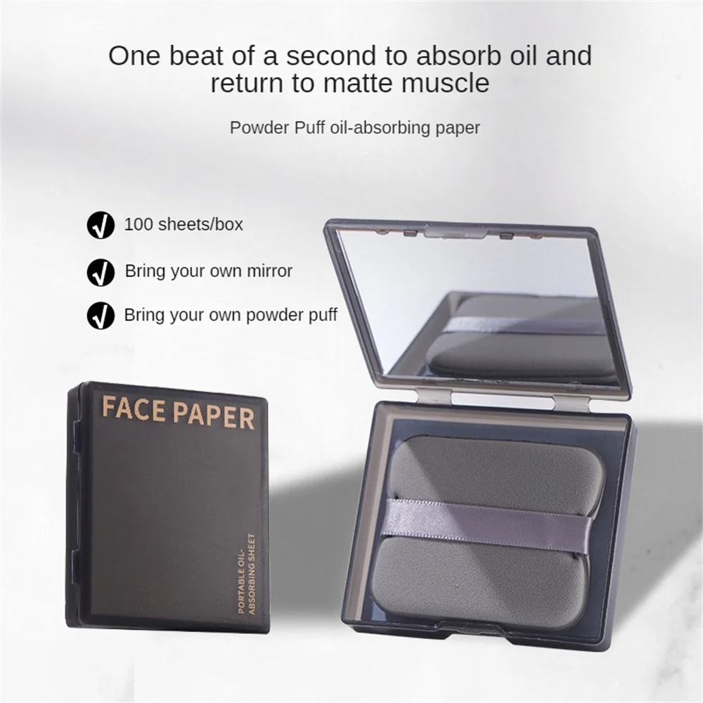 Storage Oil Absorption Refreshing Bamboo Charcoal Mirror Oil Absorbing Paper Convenient Face Blotting Paper With Powder Puff