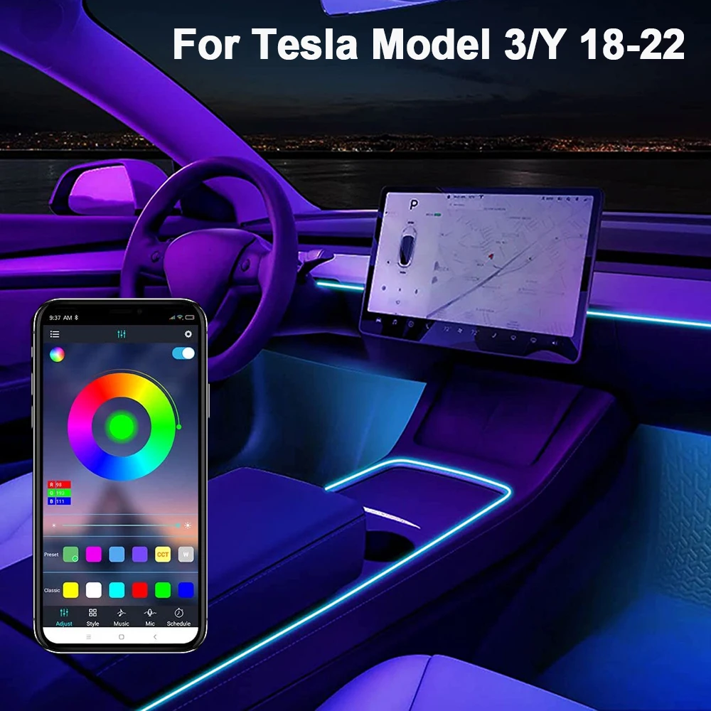 For Tesla Model 3 Y 21-22 Ambient Lights Led Strips Neon Lighting Center  Console Dashboard App Control Interior Car Accessories