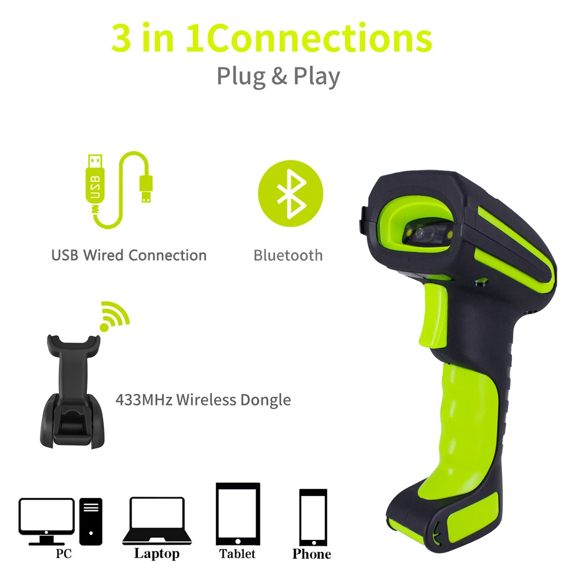1D/2D 433MHz Wireless Bluetooth Industrial Handsfree Barcode Scanner 2625 Feet Transmission Distance Cordless Charge Base