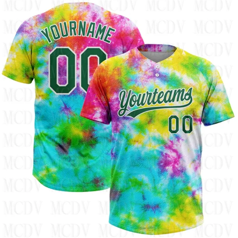 

Custom Tie Dye Kelly Green-White 3D Rainbow Two-Button Unisex 3D Printed Team Name Number Jerseys Sports Wear Adult Youth