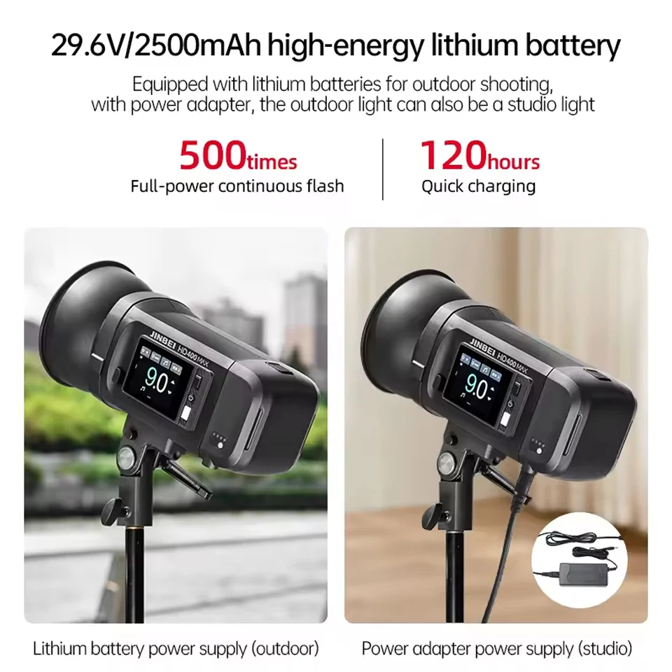 진베이 HD400Max 2700-6500K 바이컬러 400W TTL 수동 모드 카메라 플래시 (카메라 스튜디오 사진 촬영용, 9단계 디밍 기능 포함)