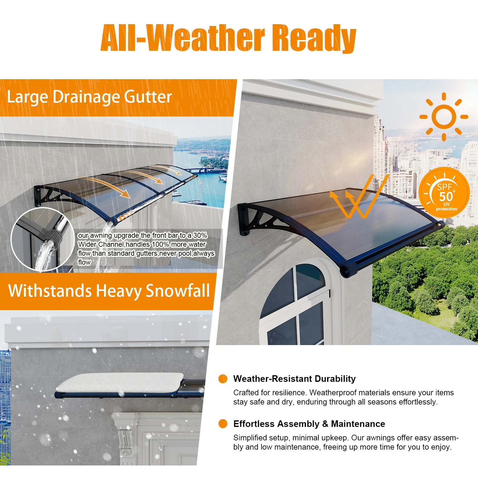 Large Gutter Window Awning Door Canopy Polycarbonate Cover Patio Door Awning UV Rain Snow Sunlight Protection