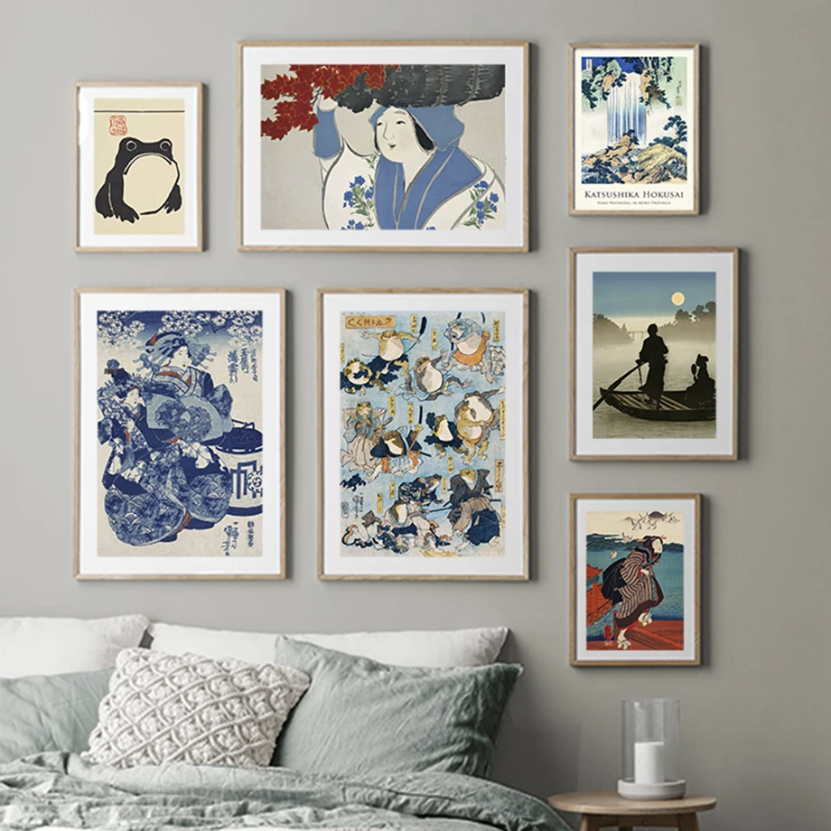 

Japanese retro blue flower Kui Frog Falls a ferry Art Canvas Wall Painting Nordic Poster Living Room Decor