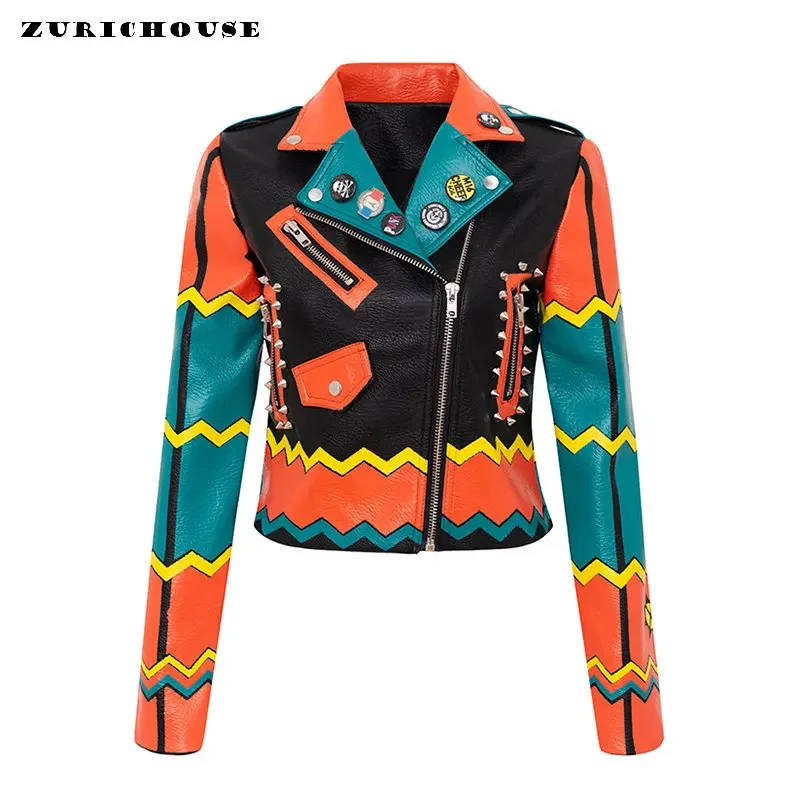 

Contrast Graffiti Print Faux Leather Jacket for Women 2024 New Streetwear Punk Rock Slim-fit Cropped Motorcycle Jackets