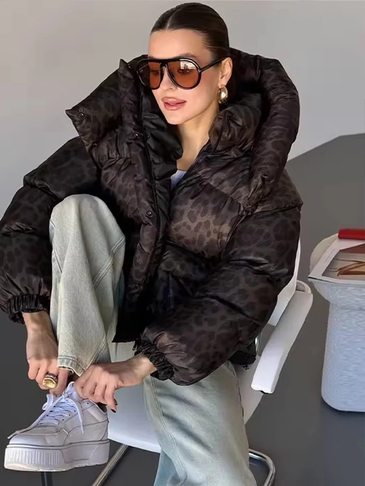 Women's Winter Jacket Hooded Leopard Print Short Parkas Coats For Women Street Thick Warm Casual Stand Collar Zipper Down Coat ﻿