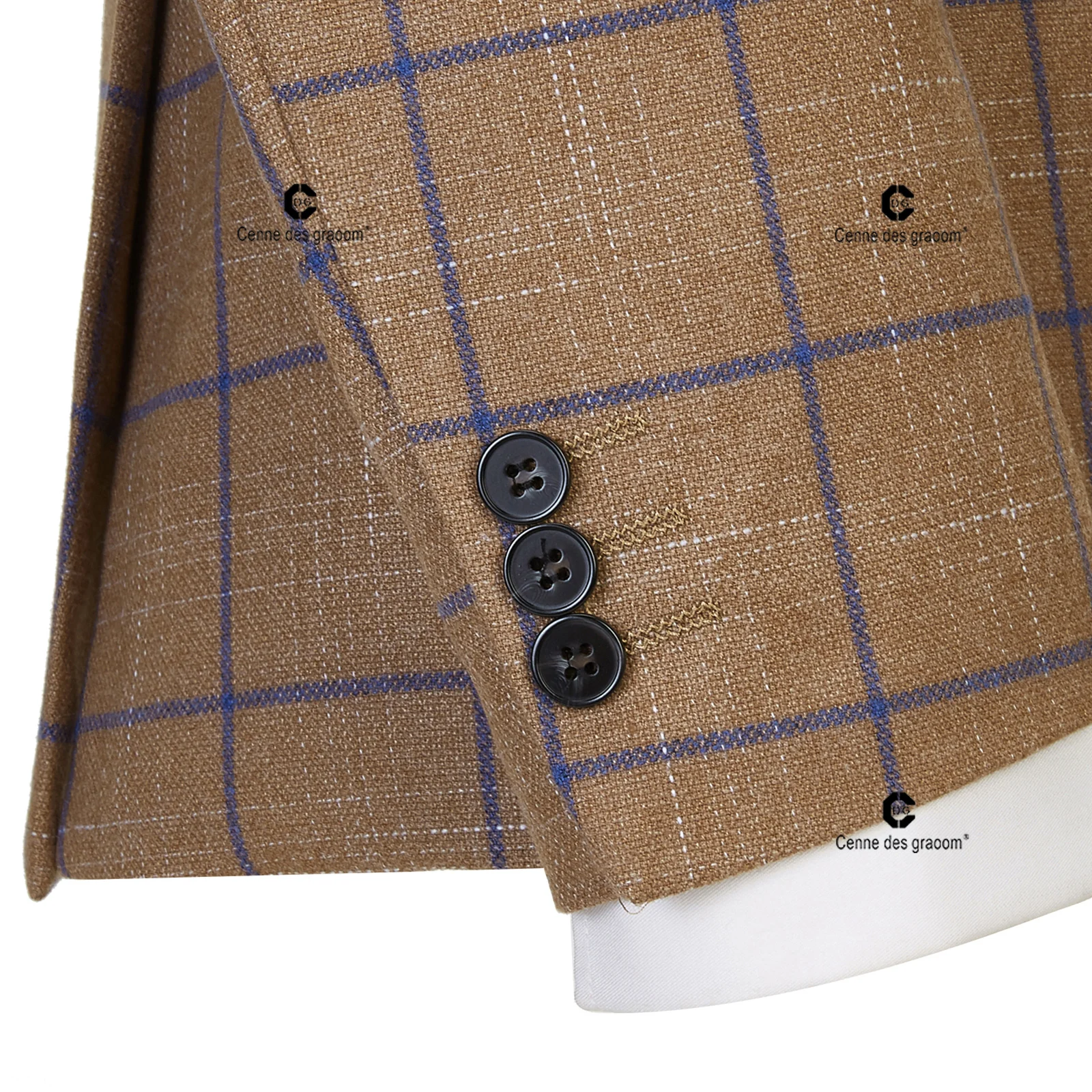 Cenne Des Graoom 2023 New Brown Plaid Suits for Men Double Breasted 2 Pcs Set Blazer Jacket Pants Wedding Party Meeting Office 4