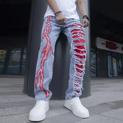 Men’s Stretchy Lightning Baggy Jeans For Men Cracked Streetwear Holes Ripped Patchwork Denim Casual Pants Slim Skinny Trousers