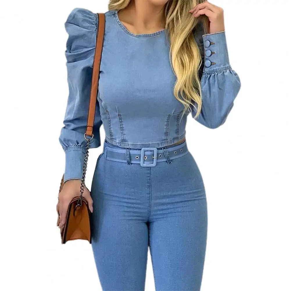 

New Women Long Sleeves Blouse Tops Blue Puff Sleeve Solid Color Spring Autumn Sexy Long-Sleeved Imitation Denim Shirt for Casual