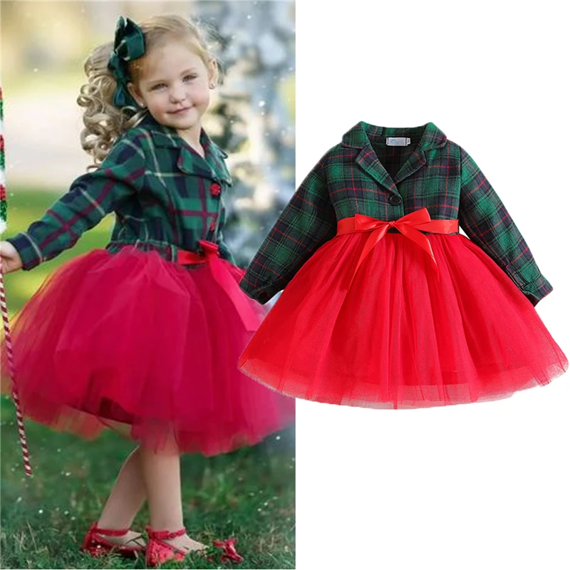 

Christmas Kids Girls Dress Clothes Plaid Patchwork Turn-Down Collar Layered Tulle Long Sleeve Dress Fall Winter Princess Dress