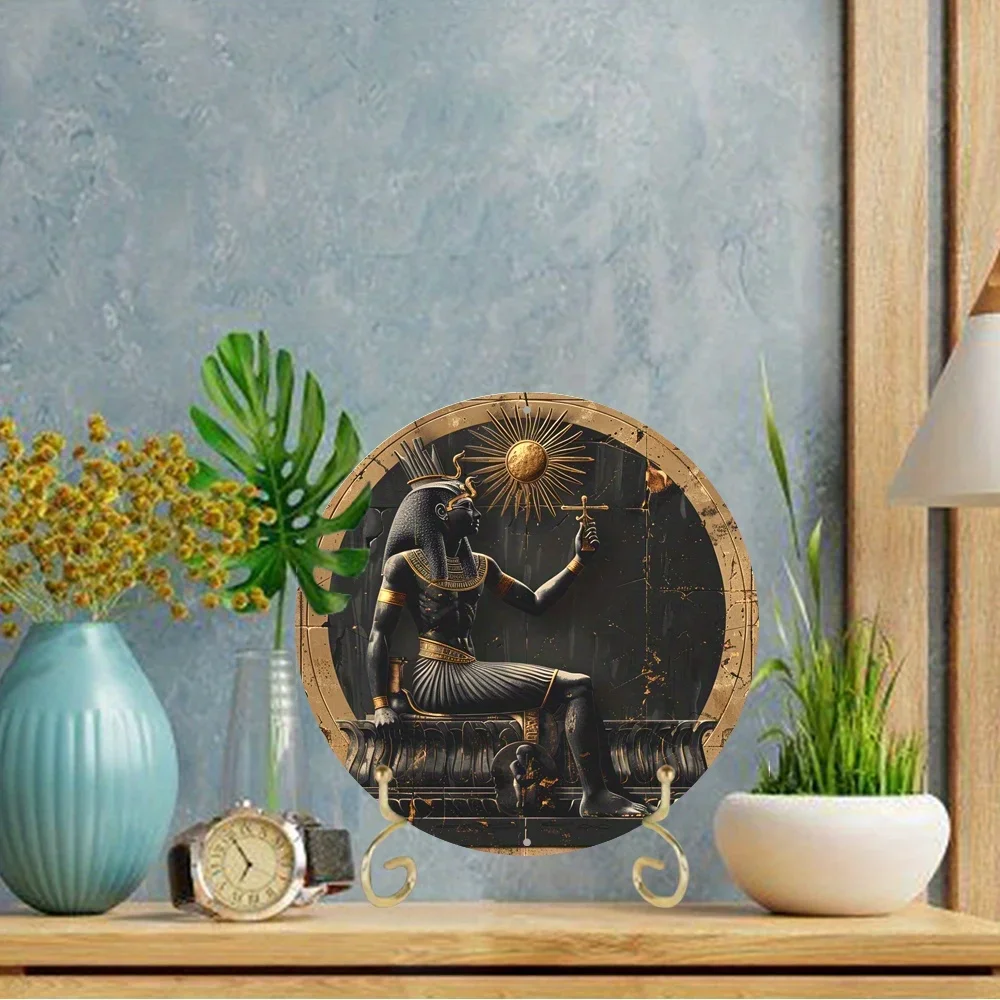 Round Aluminum Flat Sign, Egyptian Pharaoh Figure Themed, Perfect for Office Room, Home Door Decor, Abstract Designed, 2D - Image 2