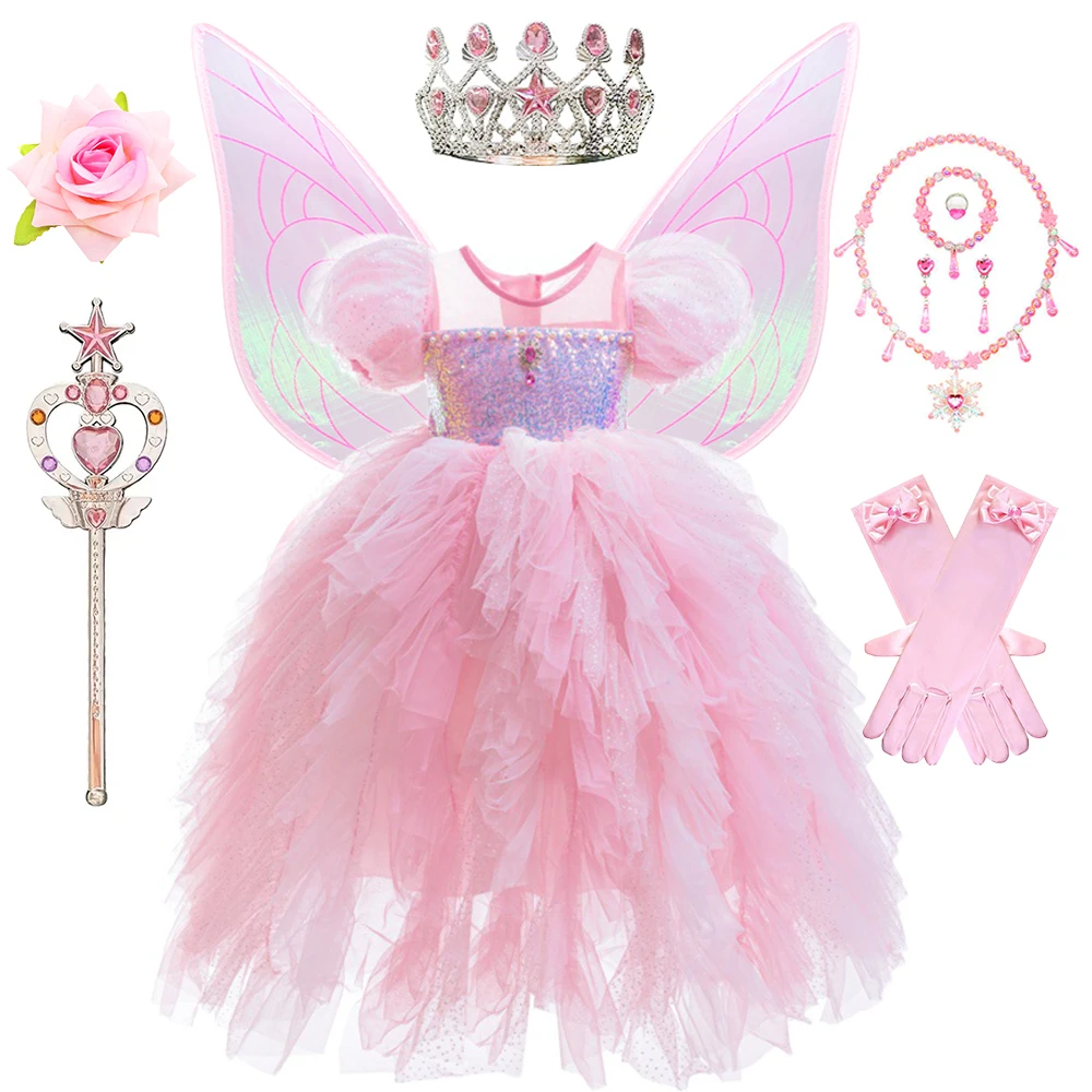 Birthday Kids Fairy Glinda Costume Pink Butterfly Dress with Shiny Wings  Fancy Fluffy Tutu Perfect for Girls Halloween Role-play
